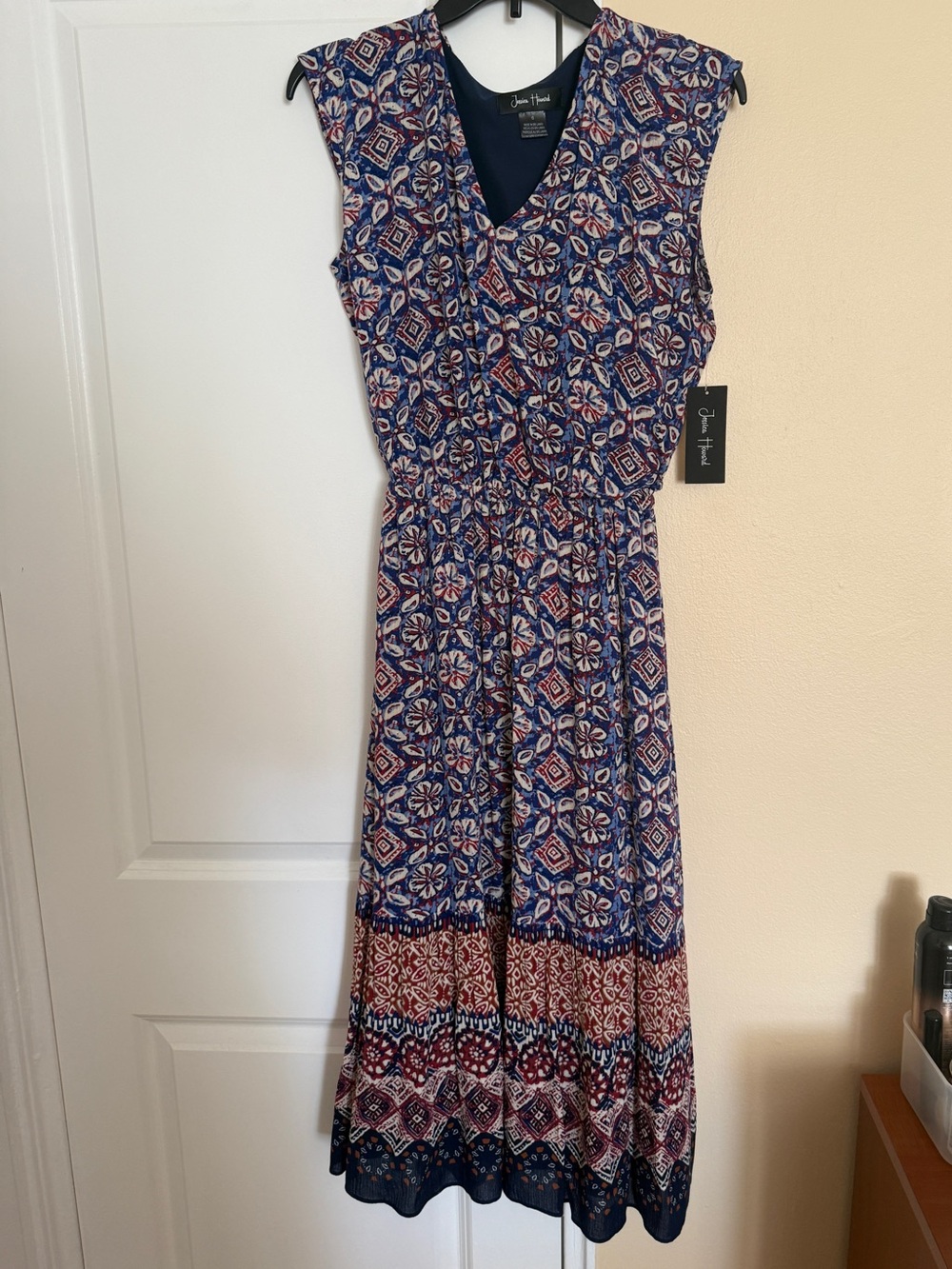 Jessica Howard Geometric Sleeveless V-Neck Tie Waist Midi A-Line Dress Size 6